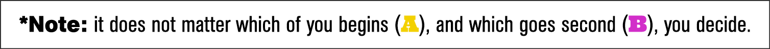 *Note: it does not matter which of you begins (A), and which goes second (B), you decide 
